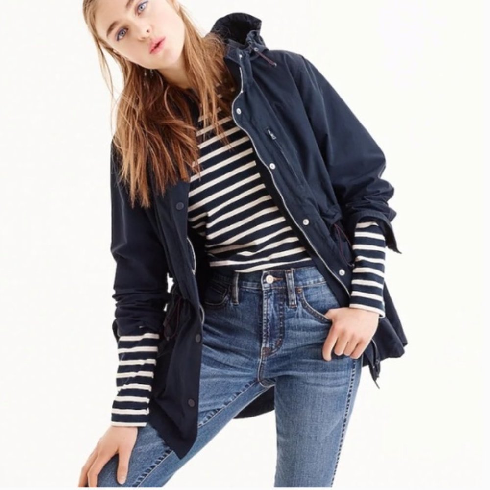 J. Crew Perfect Lightweight Jacket Navy Hooded Drawstring Cinched Waist Medium